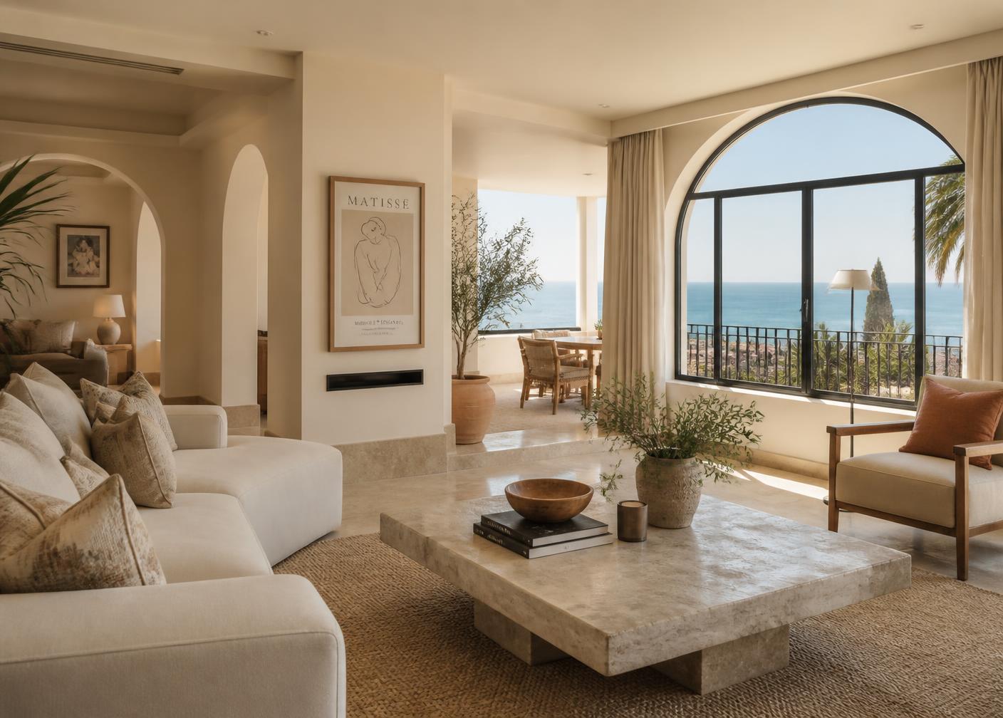 Interieur van een hoogwaardig Mediterraan appartement met zeezicht
